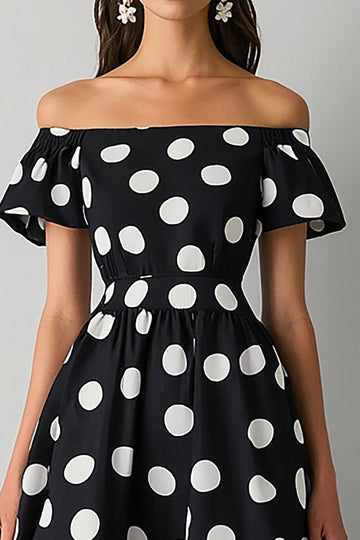 Off The Shoulder Sort Hvid A Line Polka Dots Kjole
